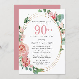 Elegant roze Rose Floral 90e verjaardag Kaart