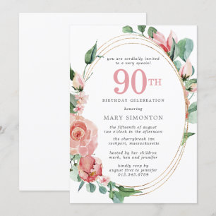 Elegant roze Rose Floral 90e verjaardag Kaart