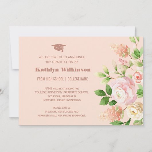 Elegant roze Rose Floral Arch Foto Afstuderen Aankondiging (Achterkant)