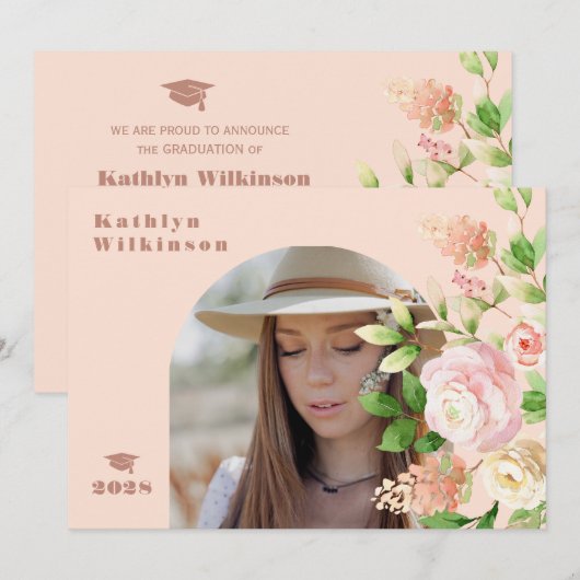 Elegant roze Rose Floral Arch Foto Afstuderen Aankondiging (Voorkant / Achterkant)