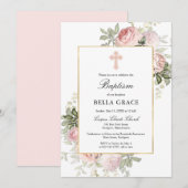 Elegant roze Rose Floral Baptism Uitnodiging (Voorkant / Achterkant)