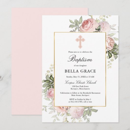 Elegant roze Rose Floral Baptism Uitnodiging (Voorkant / Achterkant)