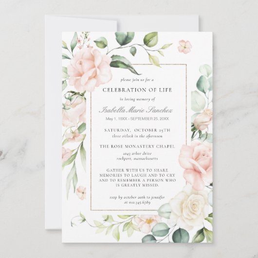 Elegant roze Rose Floral Celebration of Life Kaart (Voorkant)