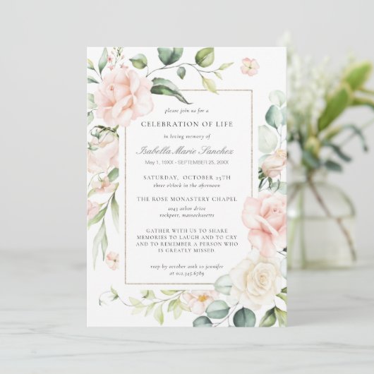 Elegant roze Rose Floral Celebration of Life Kaart (Staand voorkant)