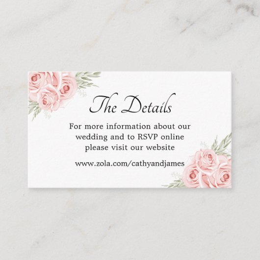 Elegant roze Rose Floral - Details bruiloft Informatiekaartje (Voorkant)