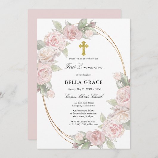Elegant roze Rose Floral First Community Invitatio Kaart (Voorkant / Achterkant)