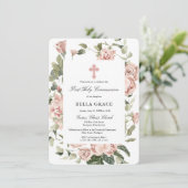 Elegant roze Rose Floral First Heilige Communie Kaart (Staand voorkant)