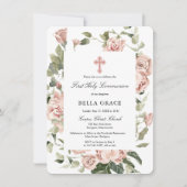 Elegant roze Rose Floral First Heilige Communie Kaart (Voorkant)