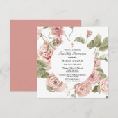 Elegant roze Rose Floral First Heilige Communie Kaart (Voorkant / Achterkant)