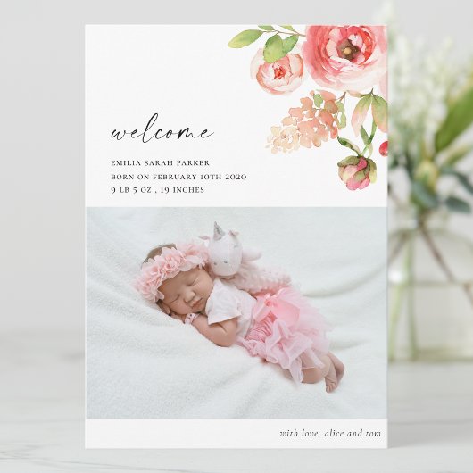 Elegant roze Rose Floral Foto Baby geboorte Aankondiging