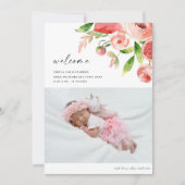Elegant roze Rose Floral Foto Baby geboorte Aankondiging (Voorkant)