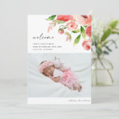 Elegant roze Rose Floral Foto Baby geboorte Aankondiging (Staand voorkant)