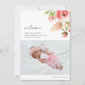Elegant roze Rose Floral Foto Baby geboorte Aankondiging (Voorkant)