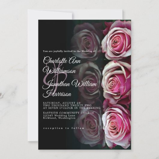 Elegant roze Rose Floral Mirrored Black Wedding Kaart (Voorkant)