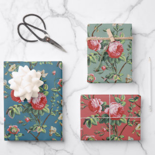 Elegant roze Rose Floral-Sage, Blauwgroen, oud Roo Inpakpapier Vel