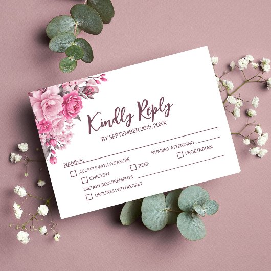 Elegant roze Rose Floral Wedding RSVP Kaartje