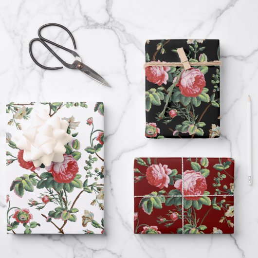Elegant roze Rose Floral-White, Black & Ruby BG Inpakpapier Vel (Voorkant)