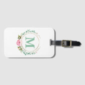 Elegant roze Rose Floral Wreatal met je monogram Bagagelabel (Voorkant (horizontaal))