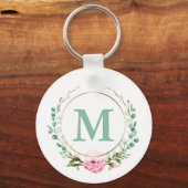 Elegant roze Rose Floral Wreatal met je monogram Sleutelhanger (Voorkant)