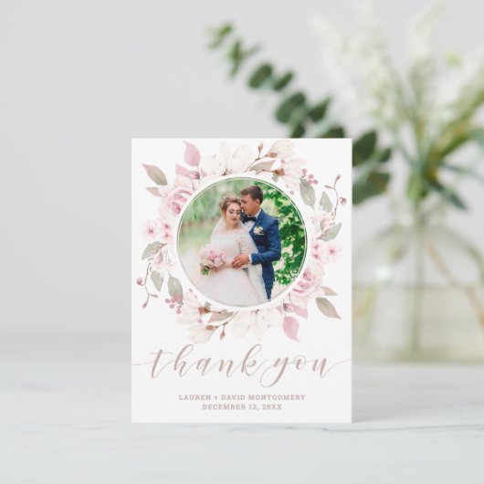 Elegant roze Rose Floral Wreath Weddenfoto Bedankkaart (Staand voorkant)