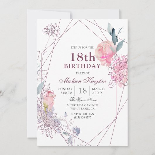 Elegant roze Rose Geometric 18th Birthday Party Kaart (Voorkant)