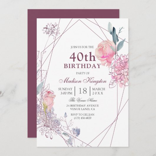 Elegant roze Rose Geometric 40th Birthday Party Kaart (Voorkant / Achterkant)