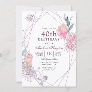 Elegant roze Rose Geometric 40th Birthday Party Kaart