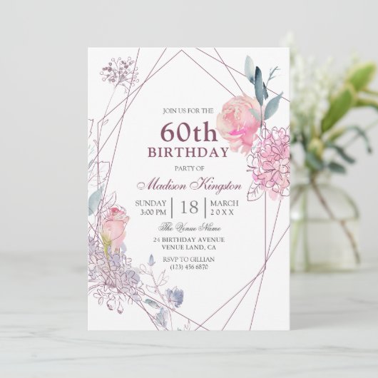 Elegant roze Rose Geometric 60th Birthday Party Kaart (Staand voorkant)