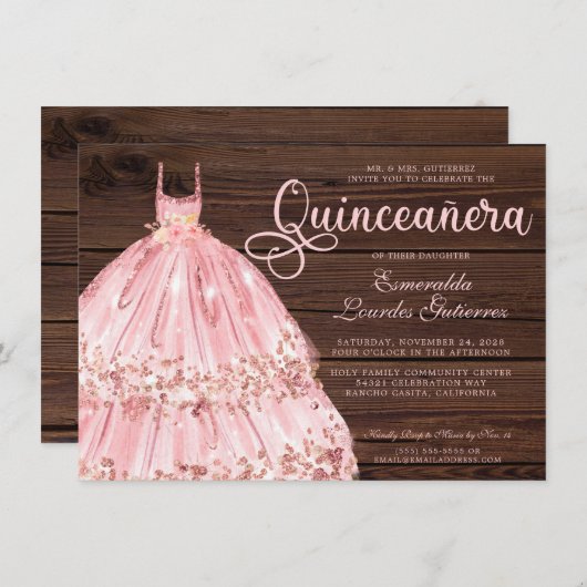 Elegant roze Rose Glitter Wood Quinceañera Kaart (Voorkant / Achterkant)