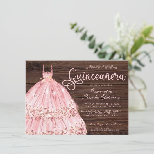 Elegant roze Rose Glitter Wood Quinceañera Kaart (Staand voorkant)