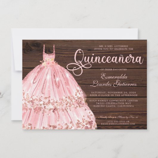 Elegant roze Rose Glitter Wood Quinceañera Kaart (Voorkant)