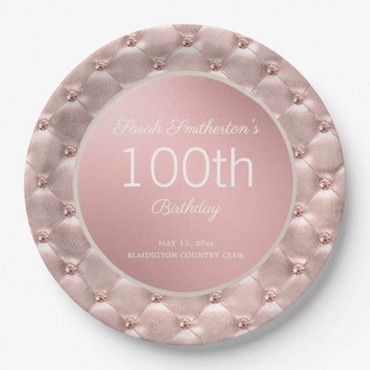 Elegant roze Rose Gold 100e verjaardag Papieren Bordje (Voorkant)