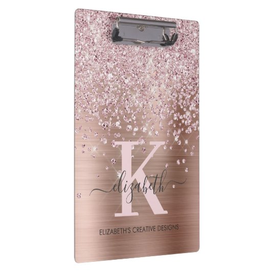 Elegant roze Rose Gold Diamond Glitter Monogrammen Klembord (Rechts)