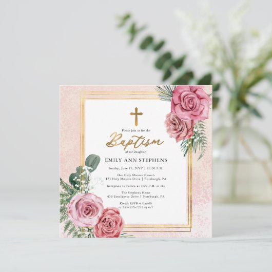 Elegant roze Rose |Gold Floral Lijst Girl Baptisme Kaart (Staand voorkant)