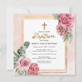 Elegant roze Rose |Gold Floral Lijst Girl Baptisme Kaart (Voorkant)