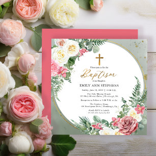 Elegant roze Rose  Gold Floral Lijst Girl Baptisme Kaart