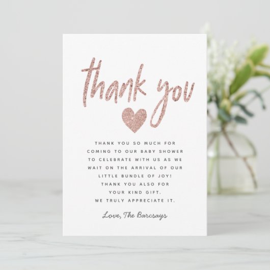Elegant Roze Rose Gold Glitter Baby shower Bedankkaart (Staand voorkant)