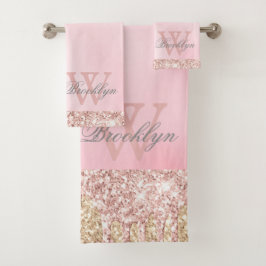 Elegant roze Rose Gold Glitter Drips Monogramed Bad Handdoek
