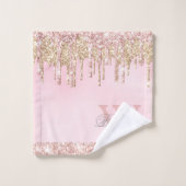 Elegant roze Rose Gold Glitter Drips Monogramed Bad Handdoek (Wasdoekje)