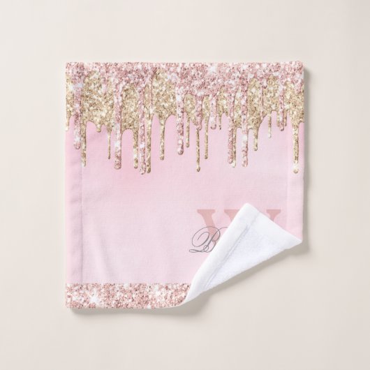 Elegant roze Rose Gold Glitter Drips Monogramed Bad Handdoek (Wasdoekje)