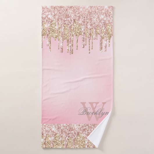 Elegant roze Rose Gold Glitter Drips Monogramed Badhanddoek (Badhanddoek)