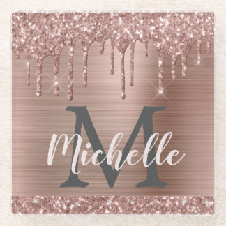 Elegant roze Rose Gold Glitter Drips Monogramed Glazen Onderzetter