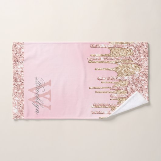Elegant roze Rose Gold Glitter Drips Monogramed Handdoek (Handdoek)