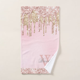 Elegant roze Rose Gold Glitter Drips Monogramed Handdoek