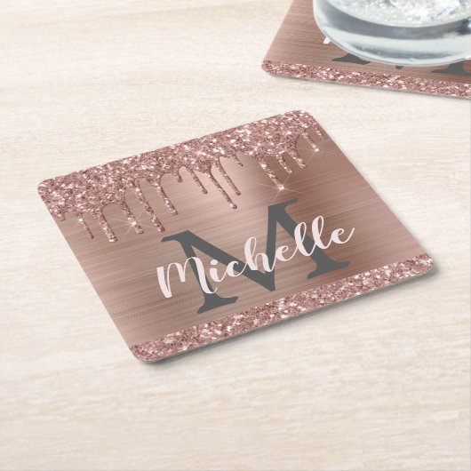 Elegant roze Rose Gold Glitter Drivers Monogram Kartonnen Onderzetters (Schuin)