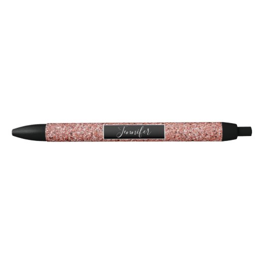 Elegant Roze Rose Gold Glitter Gepersonaliseerd Zwarte Inkt Pen (Voorkant)