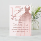 Elegant Roze Rose Gold Glitter Jurk Quinceañera Kaart (Staand voorkant)