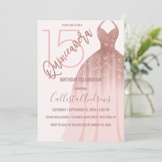 Elegant Roze Rose Gold Glitter Jurk Quinceañera Kaart (Staand voorkant)