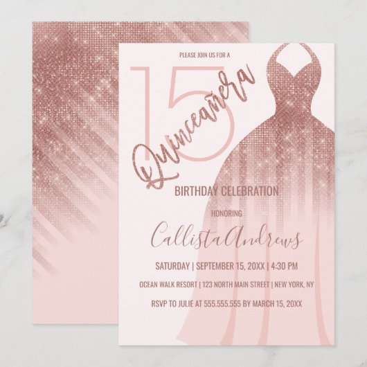 Elegant Roze Rose Gold Glitter Jurk Quinceañera Kaart (Voorkant / Achterkant)