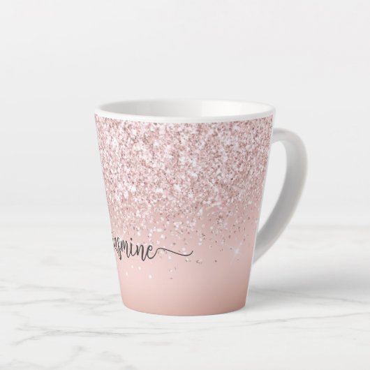 Elegant roze Rose Gold Glitter Monogram Naam Latte Mok (Rechterhoek)
